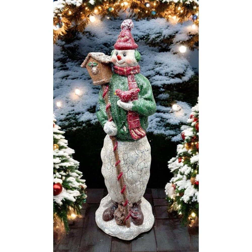 Vintage Snowman Christmas Figurine Birdhouse & Cardinal Bird Crackle Finish
